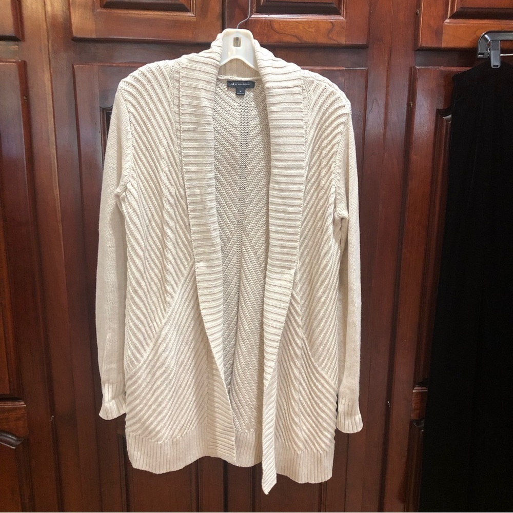 H by Halston Ivory Oatmeal Open Front Ribbed Cardigan Oversized Sweater Sz M - Picture 6 of 12